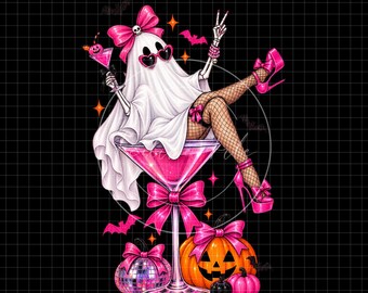 Pink Halloween Clipart PNG, Coquette Ghost Girl, Girly Spooky Party Graphic, Skeleton Martini Pumpkin, Digital Download