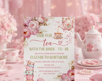 Tea Party Bridal Shower Invitation, Time for Tea, Pink Floral Teapot Invite Digital Download