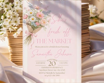 Fresh off the Market Bridal Shower Invitation, Floral Wildflower Farmer's Market Bachelorette Invite Template Digital Download