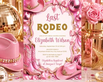 Last Rodeo Bridal Shower Invitation, Pink Gold Western Invite Template Digital Download