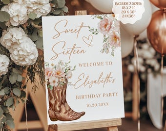 Sweet 16 Cowgirl Birthday Welcome Sign, Western Party Sign Any Age Template Digital Download
