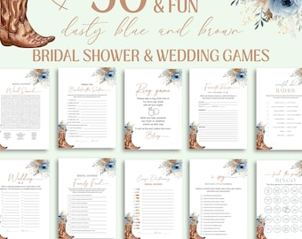 Dusty Blue Orange Minimalist Bridal Shower and Wedding Games Bundle, Boots and Brunch (Digital Download)