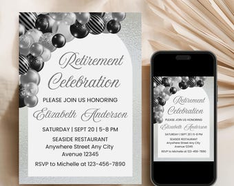 May include: A retirement celebration invitation with a silver and white design. The invitation includes text and a balloon design. The invitation is also displayed on a smartphone.
