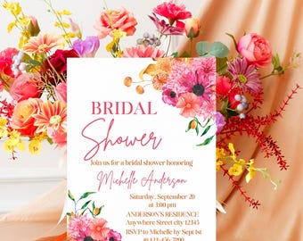 Autumn Bridal Shower Invitation, Fall Floral Invite Template Digital Download