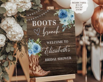Boots and Brunch Bridal Shower Welcome Sign, Blue Floral Western Bridal Shower Sign, Cowgirl Rustic Bridal Welcome Sign Template Digital