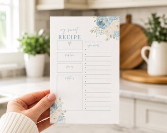 Brautparty Rezept Karte Blau Floral Vorlage Digitaler Download