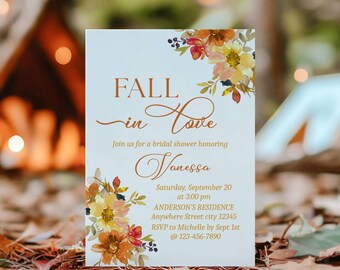 Fall in Love Bridal Shower Invitation, Fall Floral Invite Template Digital Download