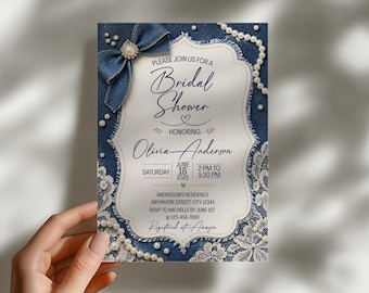 Denim and Pearls Bridal Shower Invitation, Denim Invite Template Digital Download