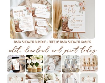 Cowgirl-Babyparty-Bundle, Western Rustikale Blumen Howdy Babyparty-Vorlage Digitaler Download