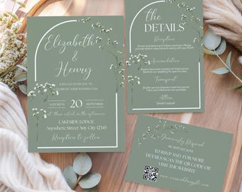 Sage Green Baby Breath Wedding Invitation Set, Sage Green Invite, details and RSVP Card Template Digital Download