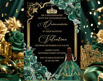 Emerald Green and Gold Quinceañera Invitation, Girl 15th Birthday Invite Template Digital Download