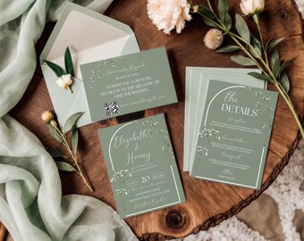 Sage Green Baby Breath Wedding Invitation Set, Sage Green Gypsophila Invite, details and RSVP Card Template Digital Download