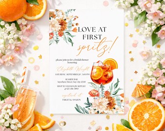 Editable Love at First Spritz Bridal Shower Invitation, Aperol Spritz, Citrus Bridal Shower Invite, Orange Bridal Invite Template Digital