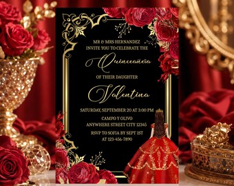 Rotes Gold Quinceaëra Einladung, Mädchen 15.Geburtstags-Einladungsvorlage Digitaler Download
