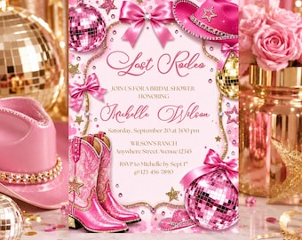 Pink Disco Cowgirl Bridal Shower Invitation, Pink Gold Coquette Western Invite Template Digital Download