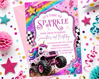 Unicorn Monster Truck Birthday Invitation Template Digital Download