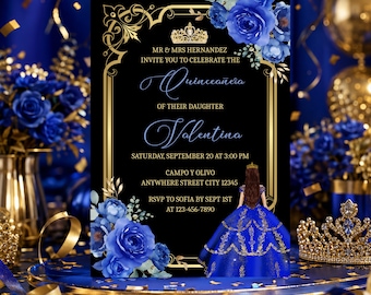 Royal Blue and Gold Quinceañera Invitation, Girl 15th Birthday Invite Template Digital Download