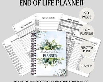 May include: A spiral-bound "End of Life Planner" with a floral design on the cover. The planner includes sections for personal details, pet information, and important contacts. Additional pages detail home systems and social media information. The planner is 8.5" x 11" and has 90 pages.