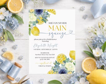 Lemon Bridal Shower Invitation, She Found Her Main Squeeze Invitation, Citrus Bridal Shower Invite, Blue Floral Template Digital Download