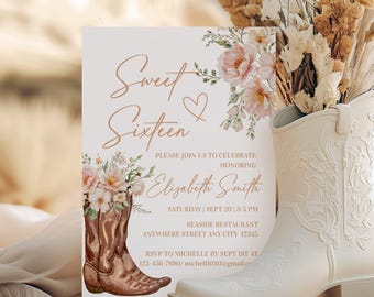 Sweet 16 Cowgirl Birthday Invitation, Western Invite Any Age Template Digital Download