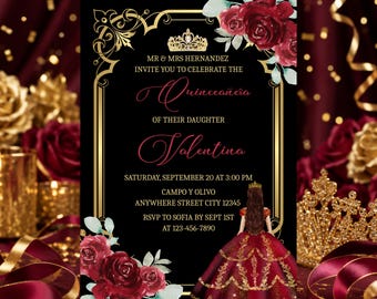 Burgundy and Gold Quinceañera Invitation, Girl 15th Birthday Invite Template Digital Download