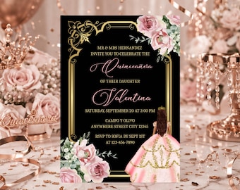 Rose Gold Quinceañera Invitation, Girl 15th Birthday Invite Template Digital Download