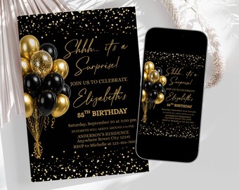 Black Gold Surprise Birthday Invitation Template Digital Download