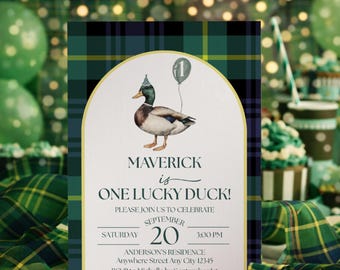 One Lucky Duck Birthday Invitation, First Birthday Mallard Duck Invite Template Digital Download