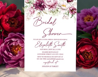 Peonies Bridal Shower Invitation, Peony Floral Template Digital Download