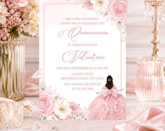 Blush rosa Quinceaëra Einladung, Mädchen 15.Geburtstags-Einladungsvorlage Digitaler Download