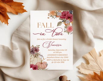 Fall in Love Bridal Shower Invitation, Pumpkin Floral Invite Template Digital Download
