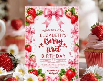 Strawberry Birthday Invitation, Berry First Birthday Bow Coquette Invite Template Digital Download