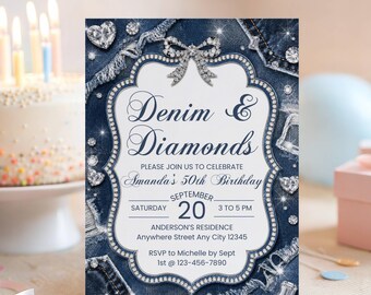 Geburtstagseinladung im Denim- und Diamanten-Stil, Vorlage für eine Denim-Party-Einladung (digitaler Download)