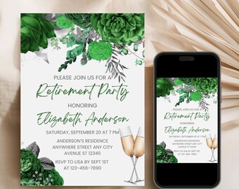 May include: A white invitation with green floral accents and the text "Retirement Party" is displayed next to a smartphone showing the same design. The invitation includes details for Elizabeth Anderson's retirement party, with champagne flutes.
