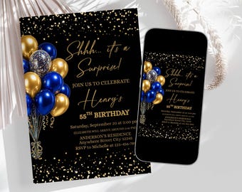 Royal Blue Gold Surprise Birthday Invitation Template Digital Download