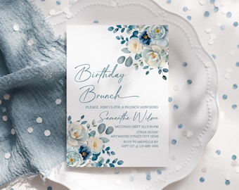 Geburtstagsbrunch-Einladungsvorlage Dusty Blue Floral (5x7 Digital Download)