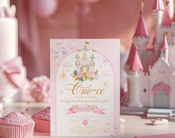 Princess Castle First Birthday Invitation, 1st Birthday One-ce Upon a Time Invite Template Digital Download