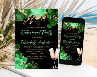 May include: A black retirement party invitation with green floral accents and gold foil details. The invitation includes the text "Please join us for a Retirement Party honoring Elizabeth Anderson". A smartphone displays the same design.