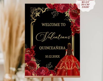 Red Gold Quinceañera Welcome Sign, Girl 15th Birthday Invite Template Digital Download