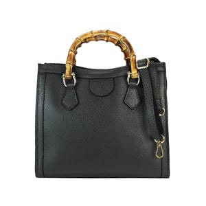 Leather Bag with Bamboo Handle – Italian Calf Leather Summer Handbag – Adjustable Strap Crossbody Tote