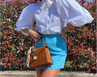 Croc Embossed Leather Handbag: Italian Top Handle Purse with Scarf