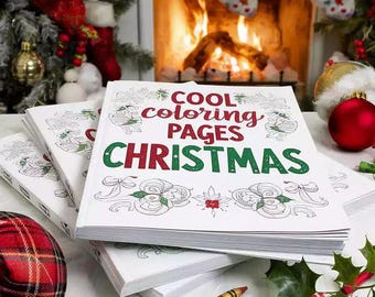 May include: A stack of white coloring books with the text "COOL coloring PAGES CHRISTMAS" in red and green. Crayons in various colors are scattered around the books. The background includes a fireplace, Christmas stockings, and ornaments.