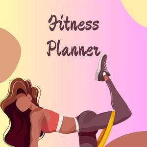 Könnte beinhalten: Illustration einer Frau, die mit einem Widerstandsband und Hanteln trainiert. Das Bild zeigt einen Fitnessplaner-Titel in einer stilisierten Schriftart, vor einem Farbverlauf aus Rosa und Gelb.