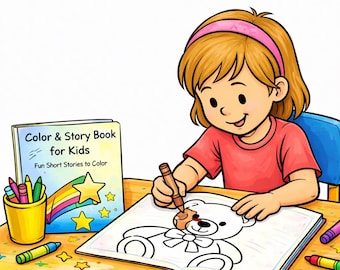 May include: A digital "Color & Story Book for Kids" with a child coloring a teddy bear illustration. The book is on a wooden table with crayons and stars. The text "Printable PDF" is at the top.