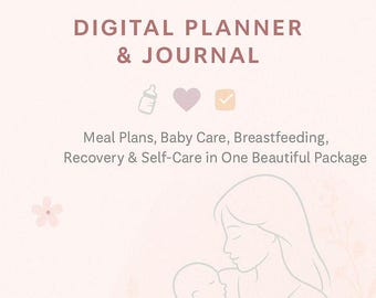 May include: A digital planner and journal for new mothers. The cover features the text "New Mom" in a burgundy font, with the words "Digital Planner & Journal" below. The image includes a line drawing of a mother holding a baby.