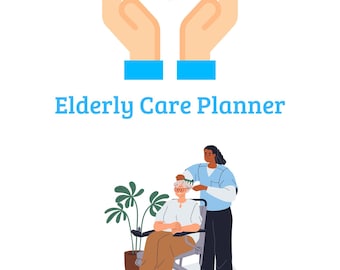 May include: Illustration of a caregiver assisting an elderly person in a wheelchair. The image includes a red heart above the text "Elderly Care Planner". The background is white, with a potted plant to the left.
