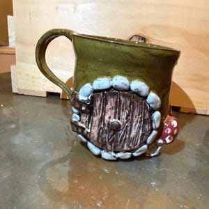 Handmade Fairy/Hobbit style Door -  Ceramic Mushroom Mug, Tree Branch Handle - Speckled Olive