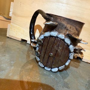 Handmade Fairy/Hobbit style Door -  Ceramic Mushroom Mug, Turkey Tail Mushroom- Tree Branch Handle - Marbled Clay