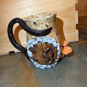 Handmade Fairy/Hobbit style Door -  Ceramic Mushroom Mug, Chanterelle Mushrooms, Tree Branch Handle - River Rock