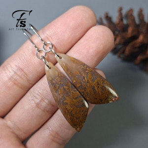 Moss Agate Dangle Earrings: Natural Gemstone, Stainless Steel Hooks